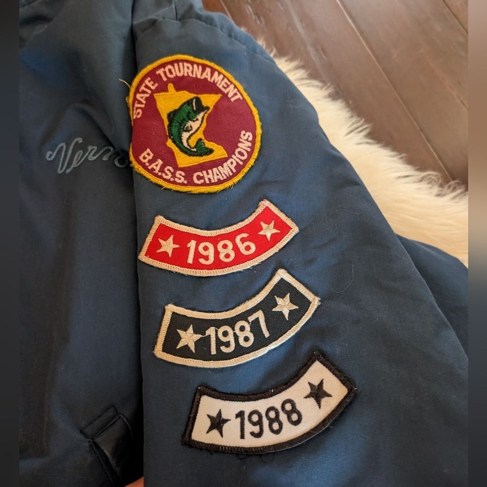 Vintage Bomber Jacket Bass Master Vern Navy Blue Men's Embroidered Patches XL - Picture 5 of 7